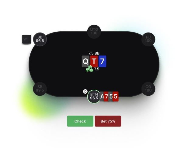 PLO trainer interface showing a hand decision with feedback